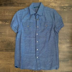 Men’s Perry Ellis Snap Button Up Short Sleeve Collared Shirt Blue